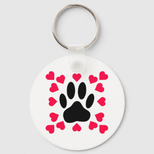 Black Dog Paw Print With Heart Shapes Keychain
