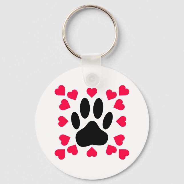 Black Dog Paw Print With Heart Shapes Keychain (Front)