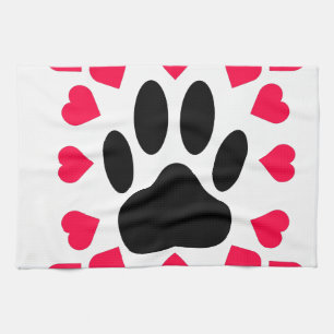 Black Dog Paw Print With Heart Shapes Kitchen Towel