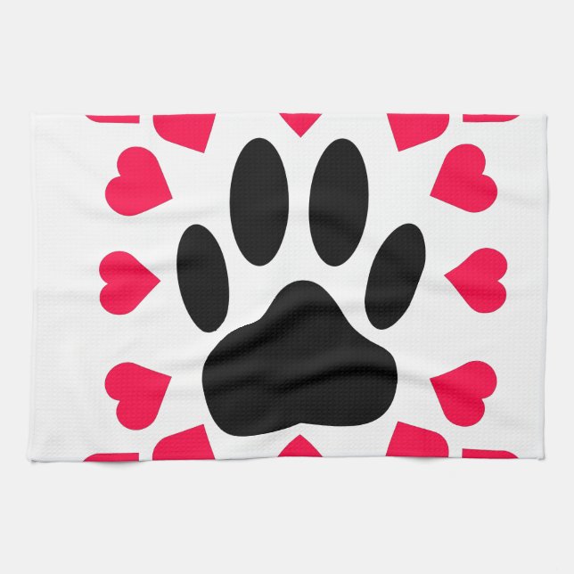 Black Dog Paw Print With Heart Shapes Kitchen Towel (Horizontal)