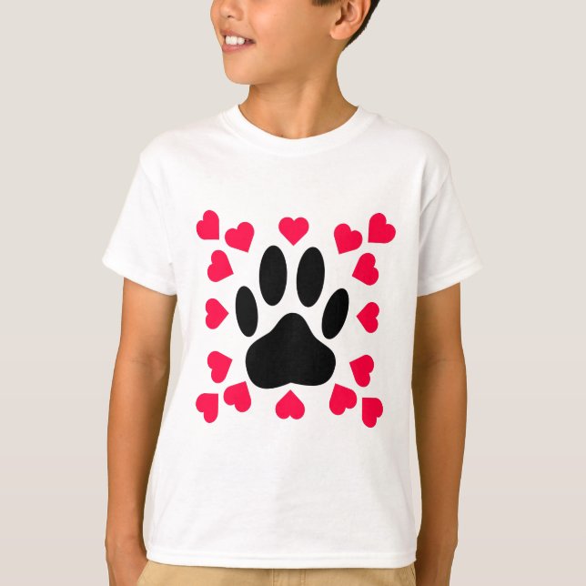 Black Dog Paw Print With Heart Shapes T-Shirt (Front)