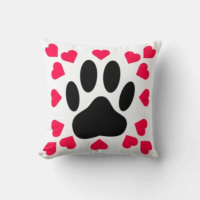 Black Dog Paw Print With Heart Shapes Throw Pillow (Front)