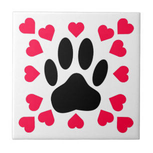 Black Dog Paw Print With Heart Shapes Tile