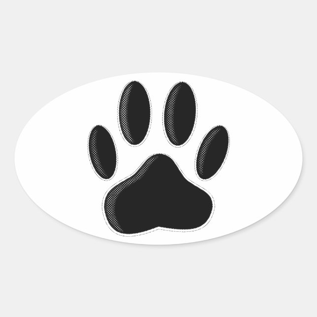 Black Dog Paw Print With Newsprint Effect Oval Sticker (Front)