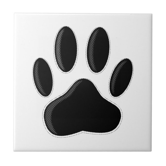 Black Dog Paw Print With Newsprint Effect Tile (Front)
