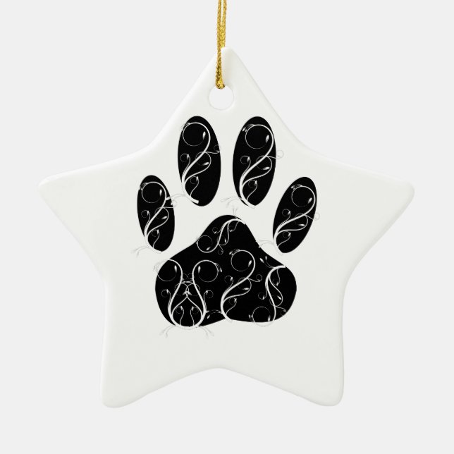 Black Dog Paw Print With White Flourishes Ceramic Ornament (Front)