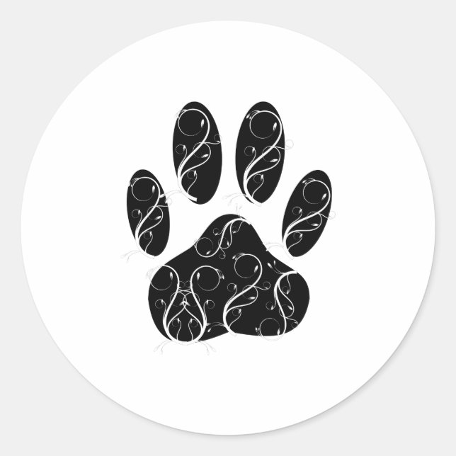 Black Dog Paw Print With White Flourishes Classic Round Sticker (Front)