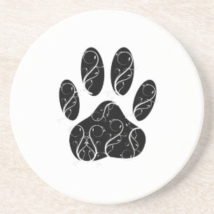 Black Dog Paw Print With White Flourishes Coaster