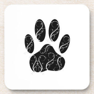 Black Dog Paw Print With White Flourishes Coaster