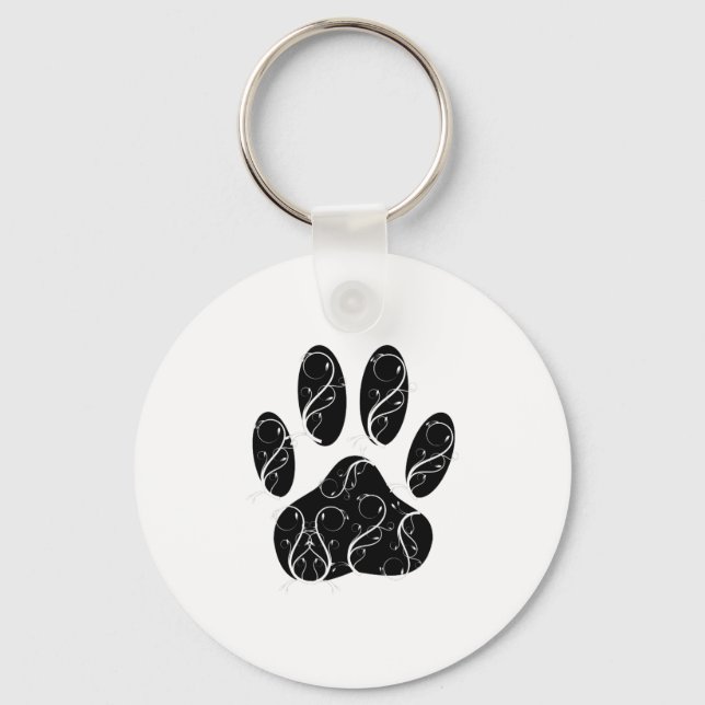 Black Dog Paw Print With White Flourishes Keychain (Front)