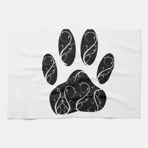 Black Dog Paw Print With White Flourishes Kitchen Towel