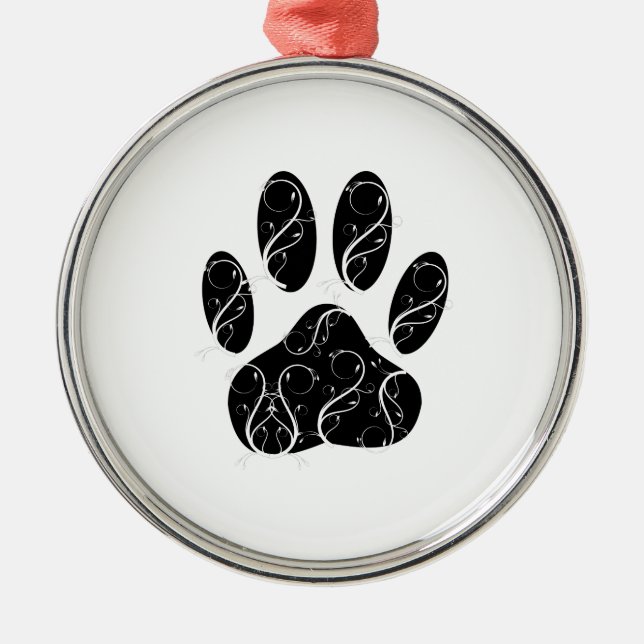 Black Dog Paw Print With White Flourishes Metal Ornament (Front)