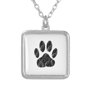 Black Dog Paw Print With White Flourishes Silver Plated Necklace