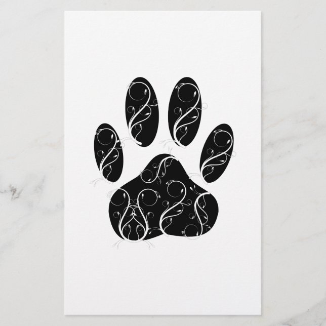 Black Dog Paw Print With White Flourishes Stationery (Front)