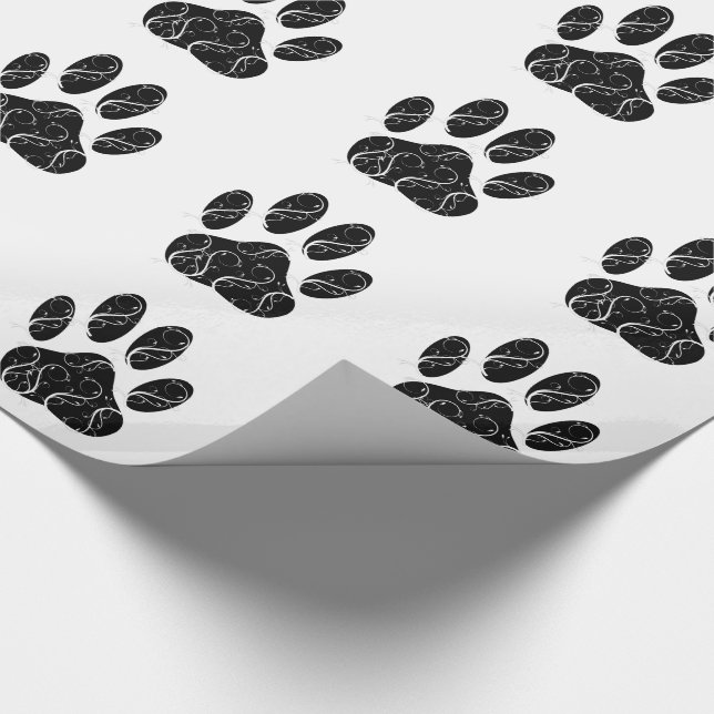 Black Dog Paw Print With White Flourishes Wrapping Paper (Corner)