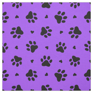 Black Dog Paw Prints and Hearts Pattern Fabric