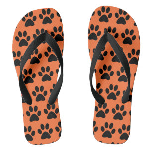 Black Dog Paw Prints On Carrot Orange Flip Flops