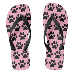 Black Dog Paw Prints On Light Pink Flip Flops