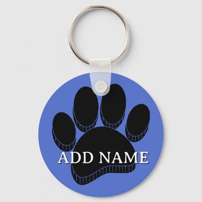 Black Dog Pawprint Hand Drawn Custom Name Blue Keychain (Front)