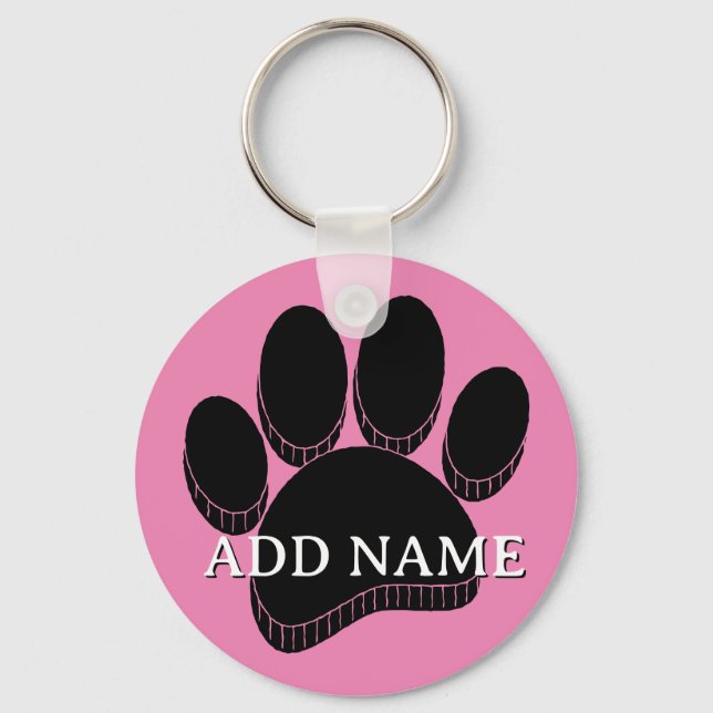 Black Dog Pawprint Hand Drawn Custom Name Pink Keychain (Back)