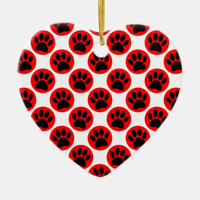 Black Dog Paws In Red Polka Dots Ceramic Ornament (Front)