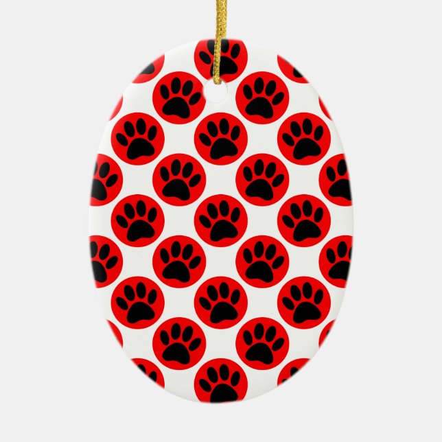 Black Dog Paws In Red Polka Dots Ceramic Ornament (Front)