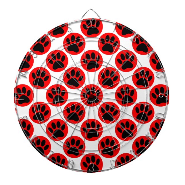 Black Dog Paws In Red Polka Dots Dartboard (Front)