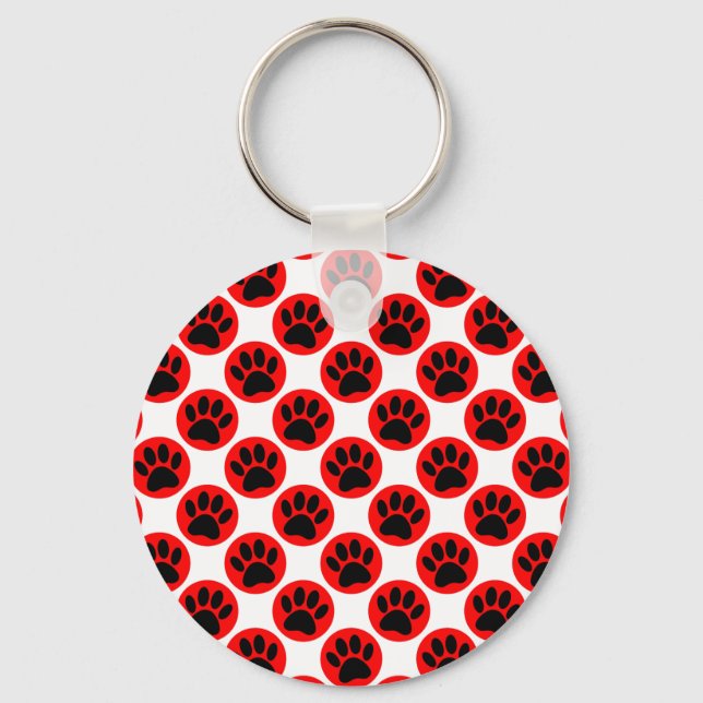 Black Dog Paws In Red Polka Dots Keychain (Front)