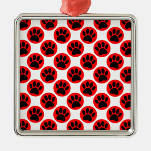 Black Dog Paws In Red Polka Dots Metal Ornament