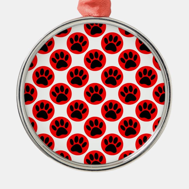 Black Dog Paws In Red Polka Dots Metal Ornament (Front)