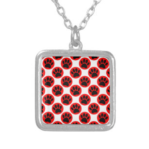 Black Dog Paws In Red Polka Dots Silver Plated Necklace