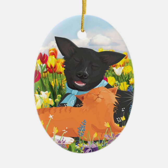 Black Dog, Red Cat Christmas Tree Ornament (Front)