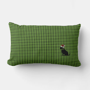 Black Dog Santa Hat Christmas Green Check Festive Lumbar Pillow