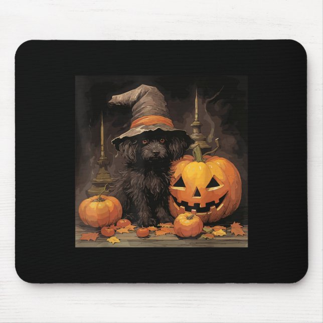 Black Dog Witch Hat Halloween Mouse Pad (Front)