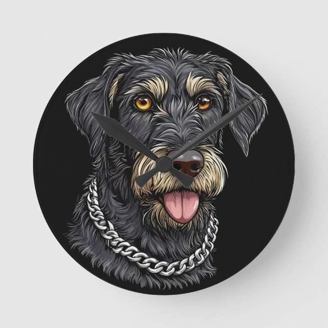 Black Dog With Chain Necklace Round Clock (Front)