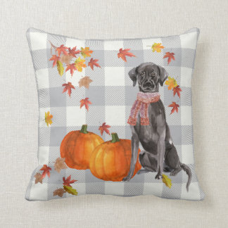 Black Dog with Pumpkins Falling Leaves Gray Check Throw Pillow
