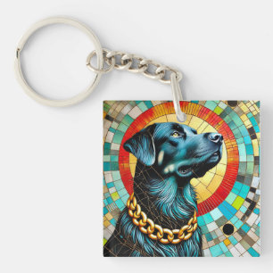 Black Dog With Stained Glass Background Keychain