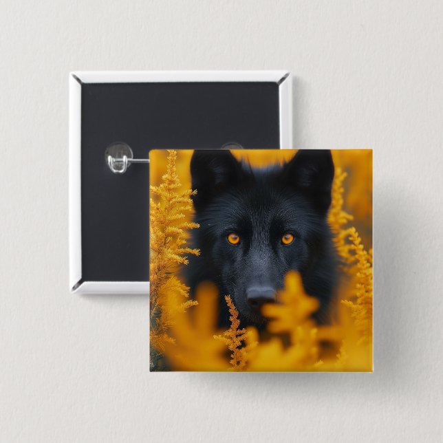 Black Dog with Stunning Gold Eyes 2 Inch Square Button (Front & Back)