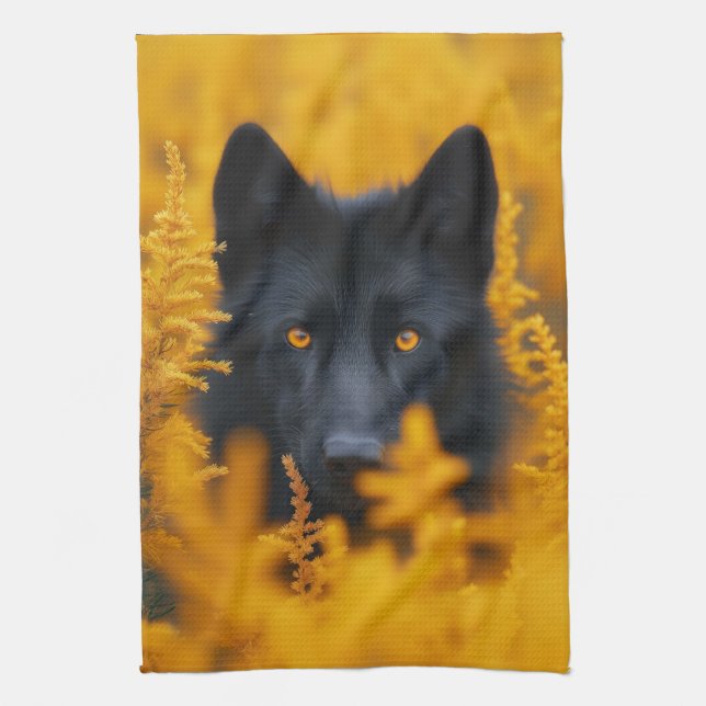 Black Dog with Stunning Gold Eyes Kitchen Towel (Vertical)