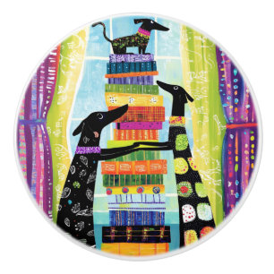 Black Dogs Balancing Book Tower Stack Ceramic Knob