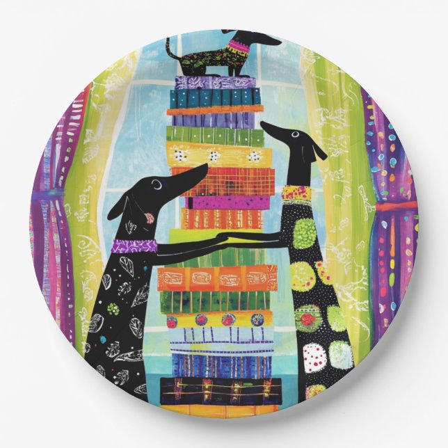 Black Dogs Balancing Book Tower Stack Paper Plate (Front)
