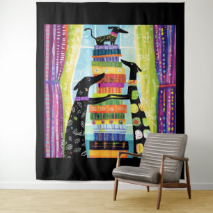 Black Dogs Balancing Book Tower Stack Tapestry