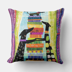 Black Dogs Balancing Book Tower Stack Throw Pillow