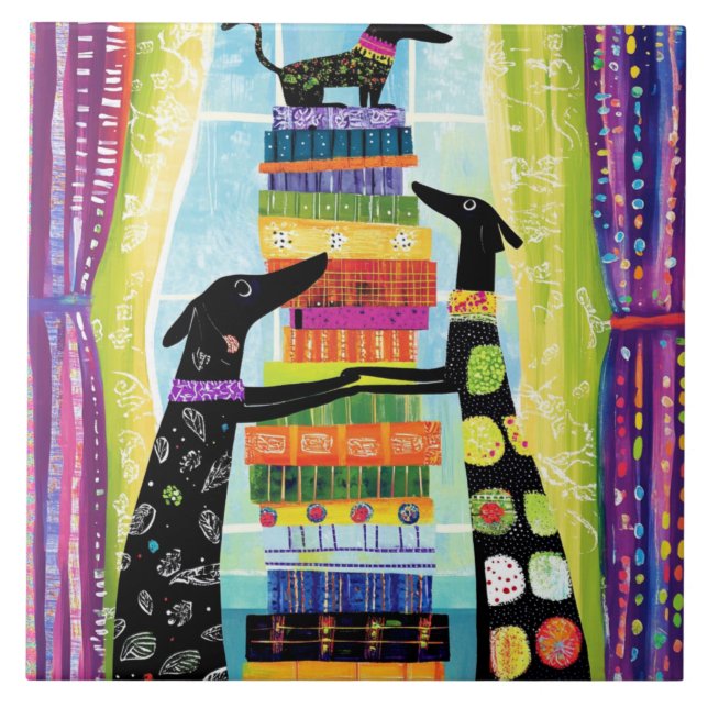 Black Dogs Balancing Book Tower Stack Tile (Front)