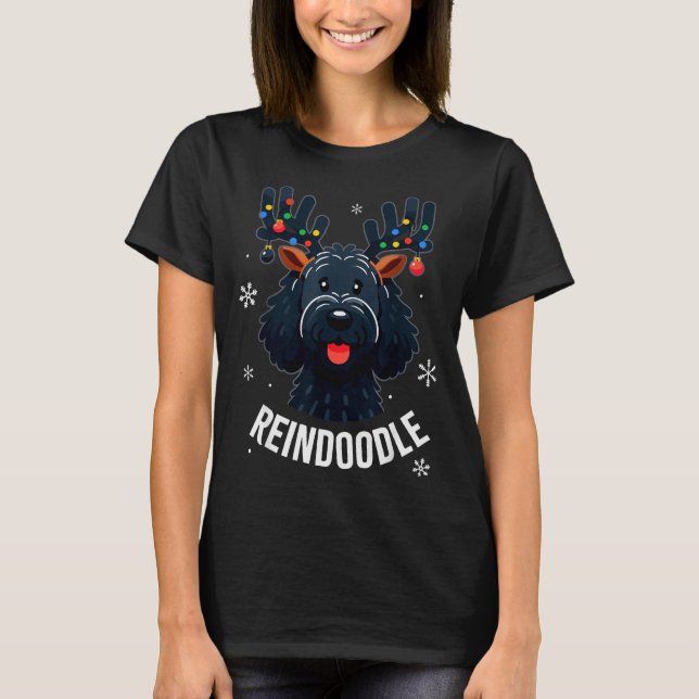 Black Doodle Dog Reindoodle Reindeer Doodle Christ T-Shirt (Front)