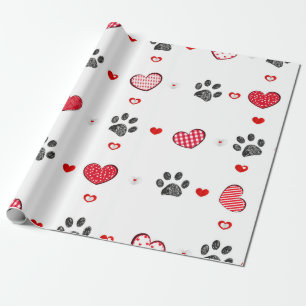 Black doodle paw print with heart wrapping paper