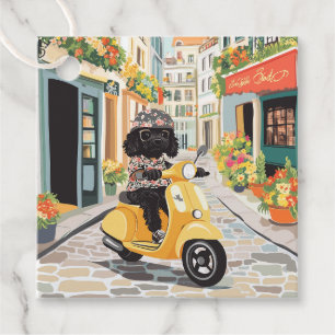 Black Doodle Riding Scooter European City Streets Favour Tags