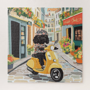 Black Doodle Riding Scooter European City Streets Jigsaw Puzzle
