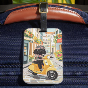 Black Doodle Riding Scooter European City Streets Luggage Tag