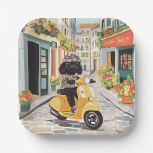 Black Doodle Riding Scooter European City Streets Paper Plate
